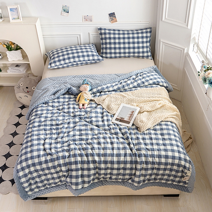 91家纺网 家纺一手货源 找家纺 天瑜家纺 2026新款全棉纯棉色织水洗棉手包豆豆被大豆被被子被芯 蓝中格