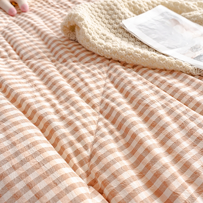 91家纺网 家纺一手货源 找家纺 天瑜家纺 2025新款全棉纯棉色织水洗棉手包豆豆被大豆被被子被芯 粉小格