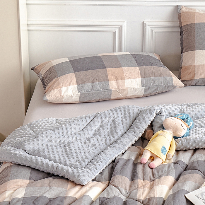 91家纺网 家纺一手货源 找家纺 天瑜家纺 2025新款全棉纯棉色织水洗棉手包豆豆被大豆被被子被芯 洛伊灰咖大格