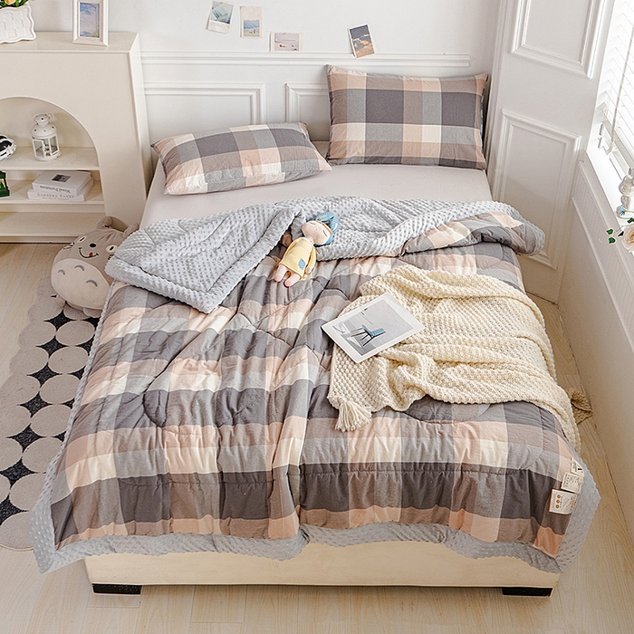 91家纺网 家纺一手货源 找家纺 天瑜家纺 2025新款全棉纯棉色织水洗棉手包豆豆被大豆被被子被芯 洛伊灰咖大格