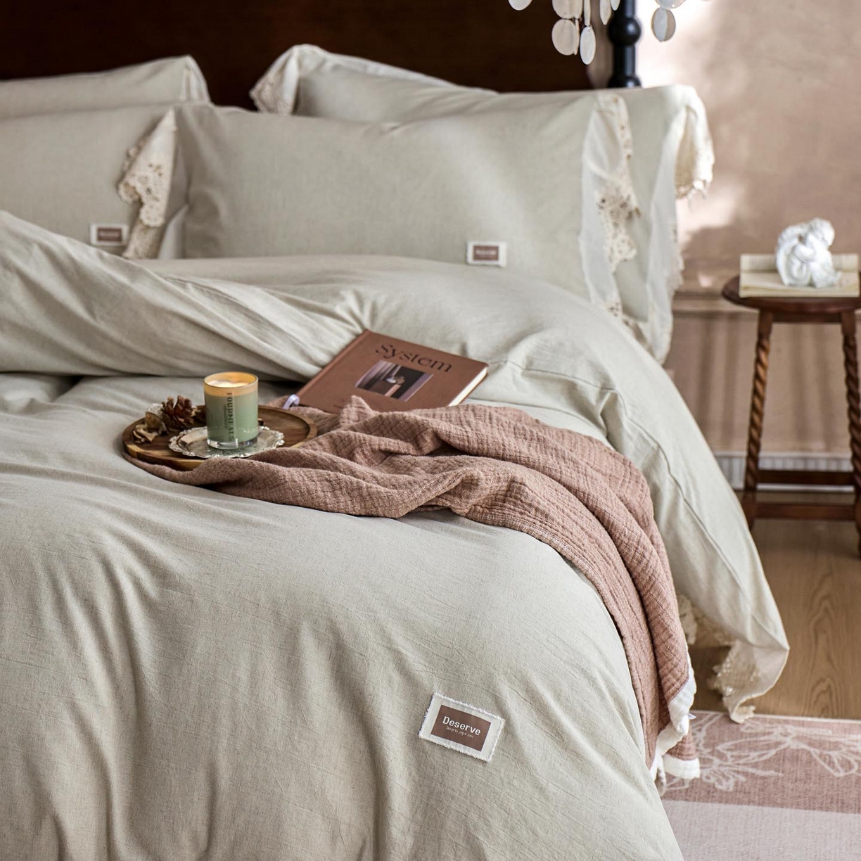 91家纺网 家纺一手货源 找家纺 涵宸家纺 2025新款A类棉麻四件套-柔境 柔境-浅绿