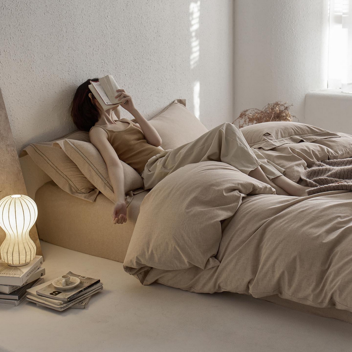 91家纺网 家纺一手货源 找家纺 涵宸家纺 2025新款A类棉麻四件套-简慕 简慕-浅驼