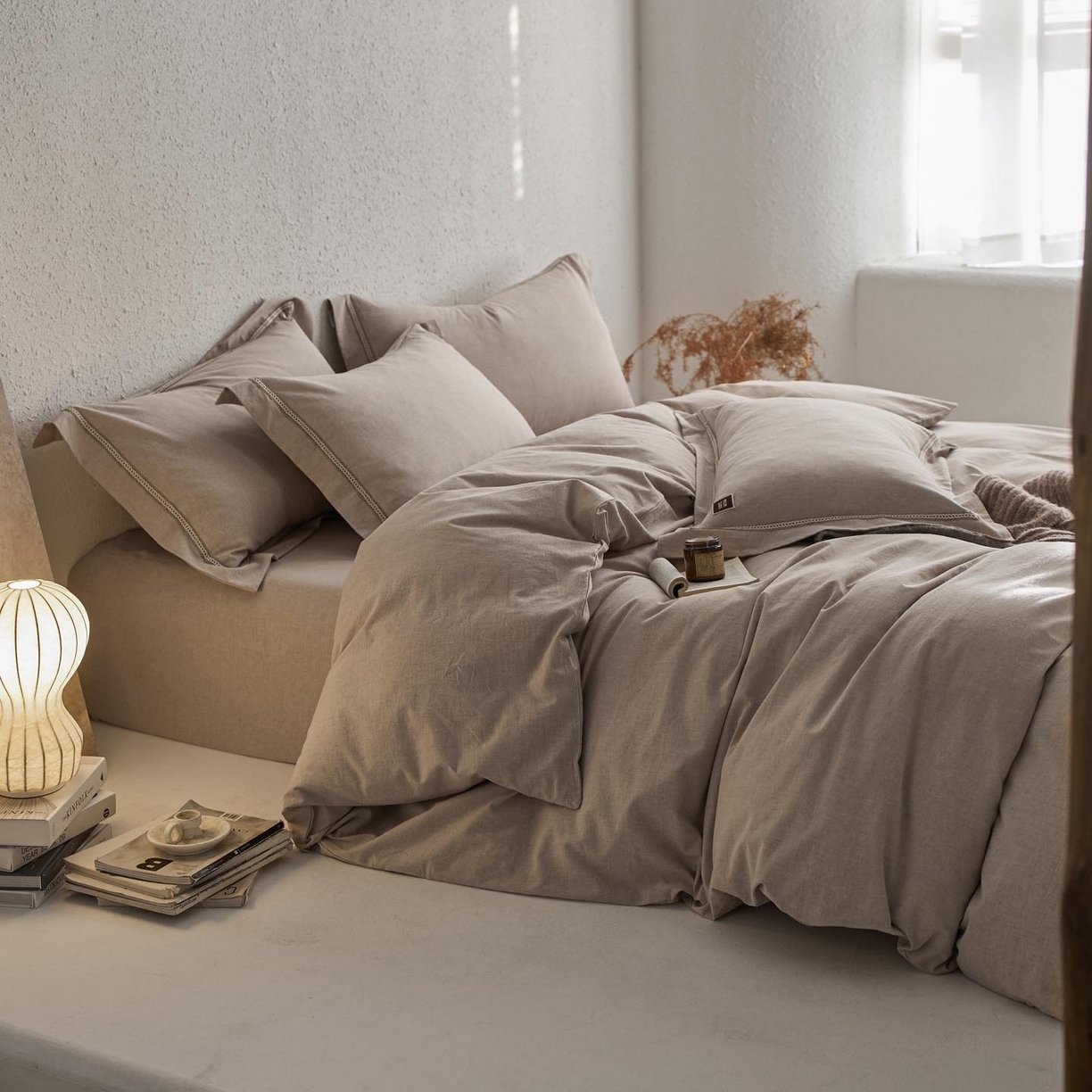 91家纺网 家纺一手货源 找家纺 涵宸家纺 2025新款A类棉麻四件套-简慕 简慕-浅驼