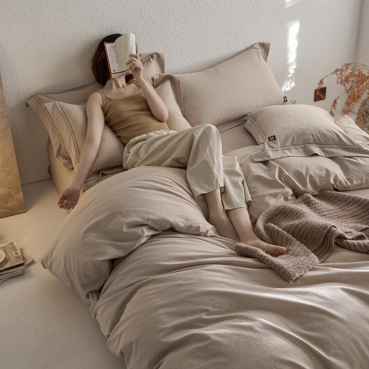 91家纺网 家纺一手货源 找家纺 涵宸家纺 2025新款A类棉麻四件套-简慕 简慕-浅驼