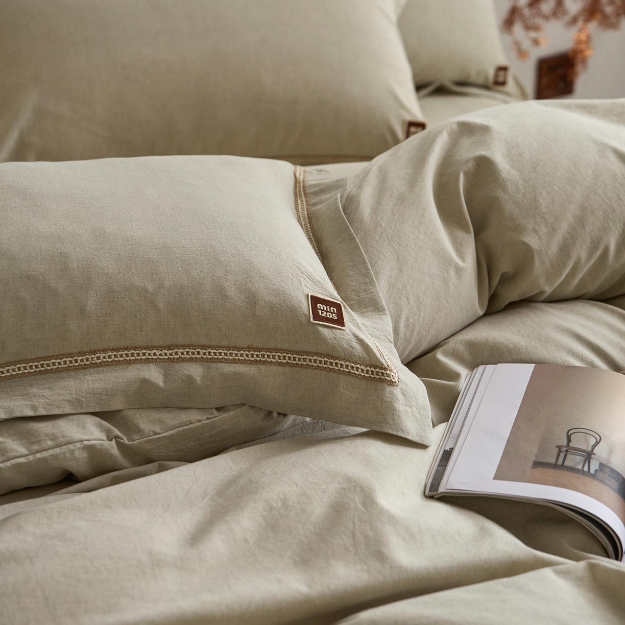 91家纺网 家纺一手货源 找家纺 涵宸家纺 2025新款A类棉麻四件套-简慕 简慕-浅绿