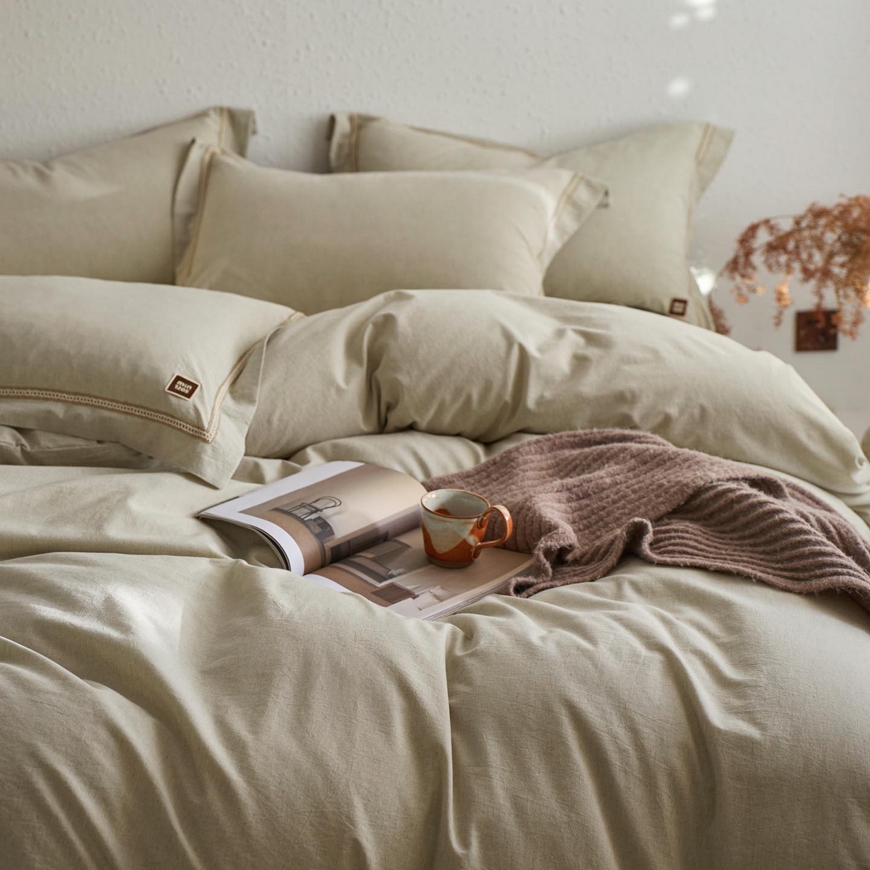 91家纺网 家纺一手货源 找家纺 涵宸家纺 2025新款A类棉麻四件套-简慕 简慕-浅绿