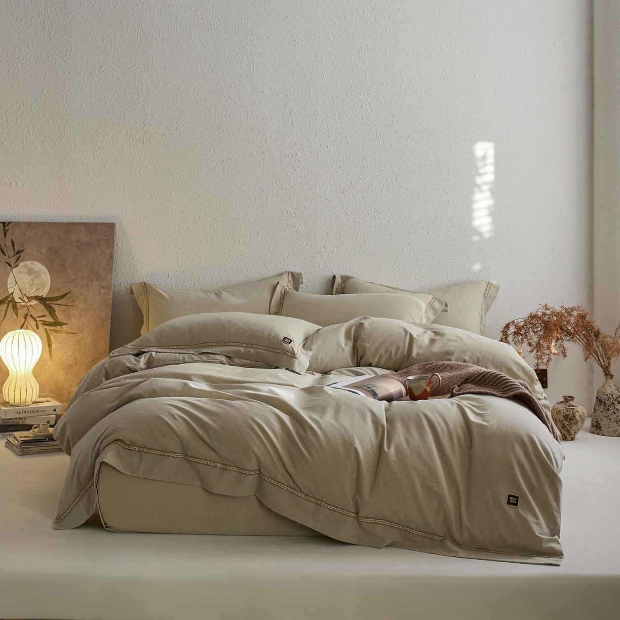 91家纺网 家纺一手货源 找家纺 涵宸家纺 2025新款A类棉麻四件套-简慕 简慕-浅绿