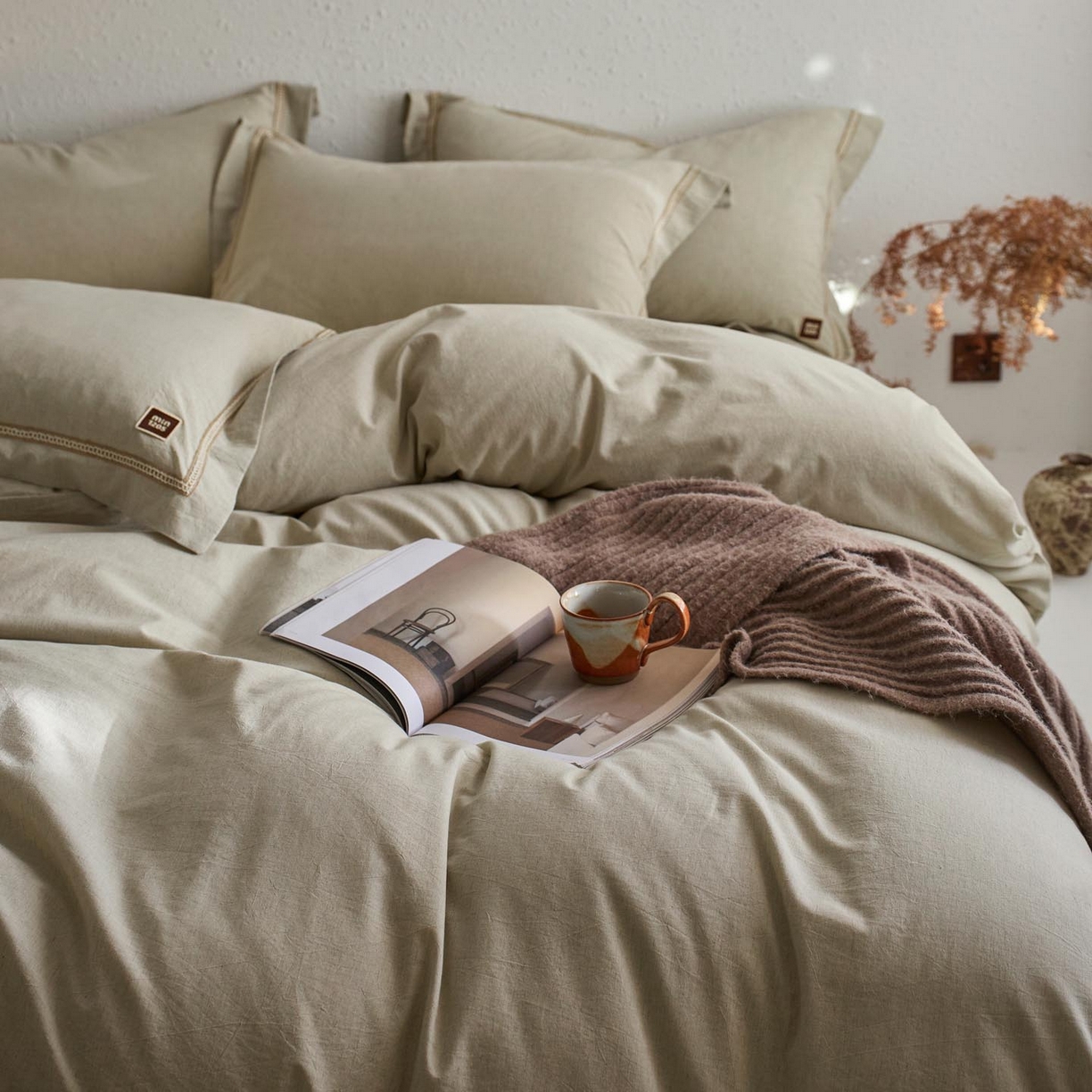 91家纺网 家纺一手货源 找家纺 涵宸家纺 2025新款A类棉麻四件套-简慕 简慕-浅绿