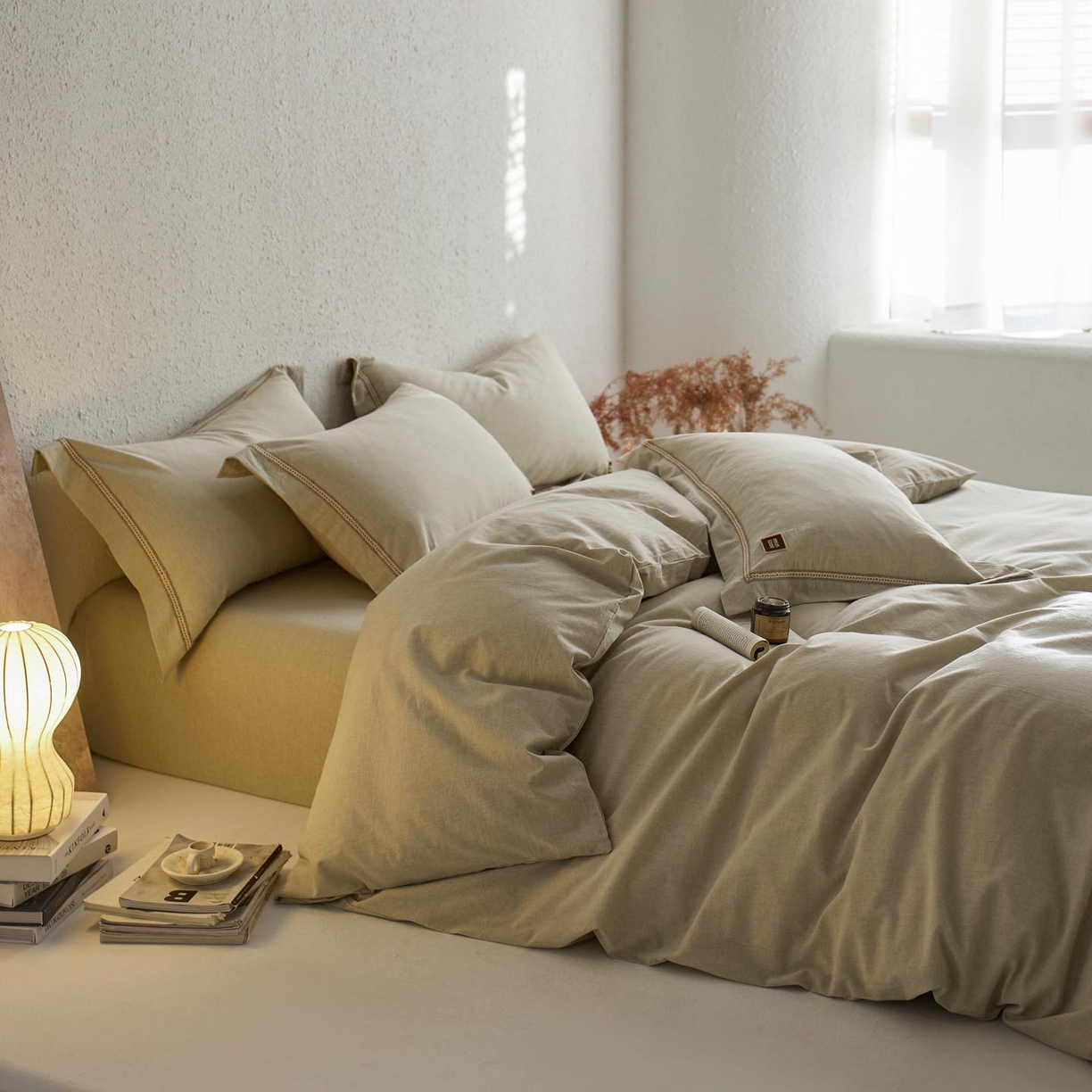 91家纺网 家纺一手货源 找家纺 涵宸家纺 2025新款A类棉麻四件套-简慕 简慕-浅绿