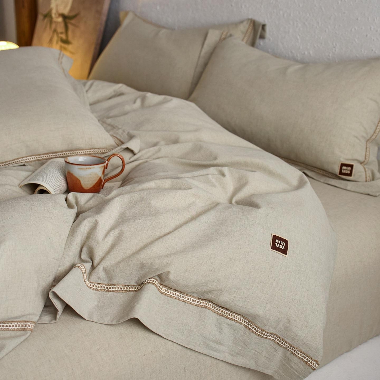 91家纺网 家纺一手货源 找家纺 涵宸家纺 2025新款A类棉麻四件套-简慕 简慕-浅绿