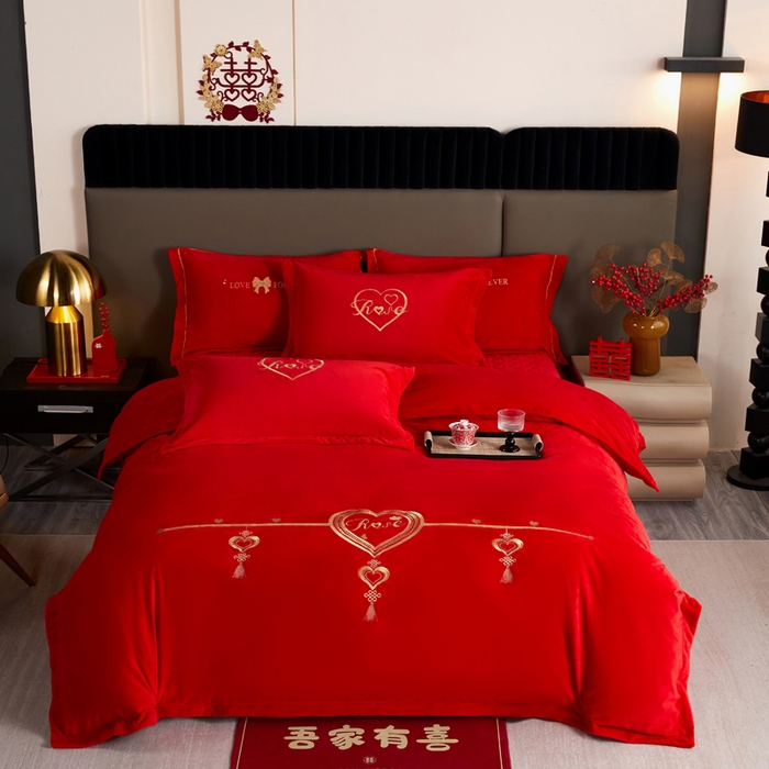 青竹苑  2025新款婴儿绒刺绣婚庆四件套 典雅爱心