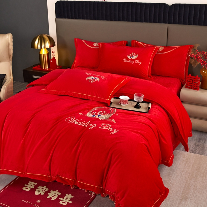 91家纺网 家纺一手货源 找家纺 青竹苑  2025新款婴儿绒刺绣婚庆四件套 恩恩爱爱