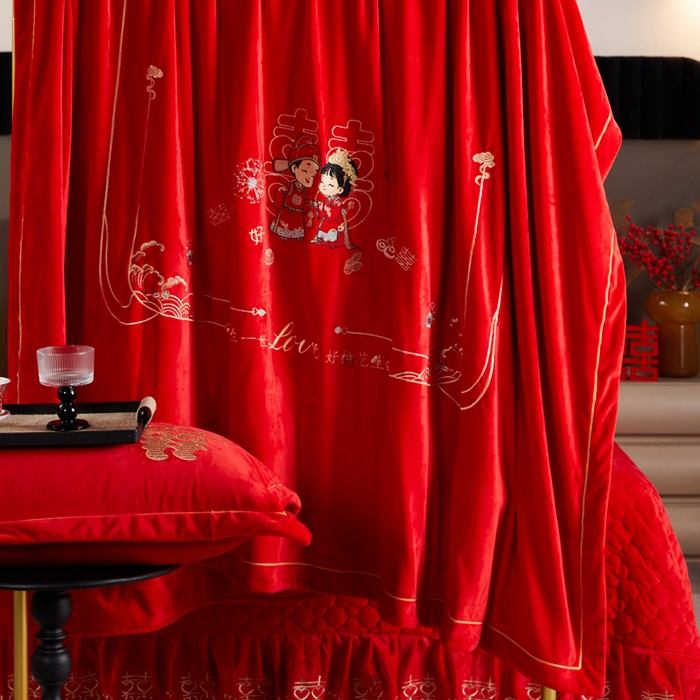 91家纺网 家纺一手货源 找家纺 青竹苑  2025新款婴儿绒刺绣婚庆四件套 好事发生