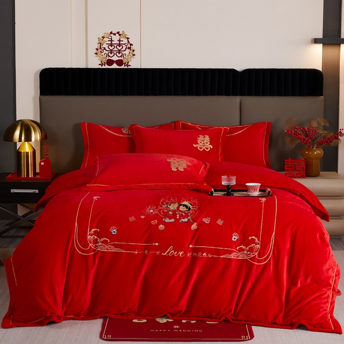 91家纺网 家纺一手货源 找家纺 青竹苑  2025新款婴儿绒刺绣婚庆四件套 好事发生