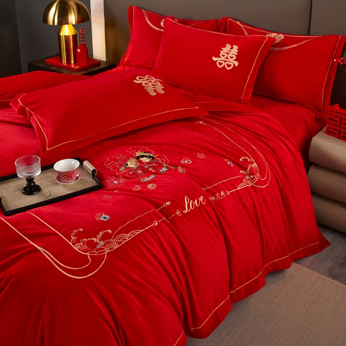 91家纺网 家纺一手货源 找家纺 青竹苑  2025新款婴儿绒刺绣婚庆四件套 好事发生