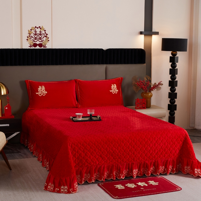 91家纺网 家纺一手货源 找家纺 青竹苑  2025新款婴儿绒刺绣婚庆四件套 好事发生