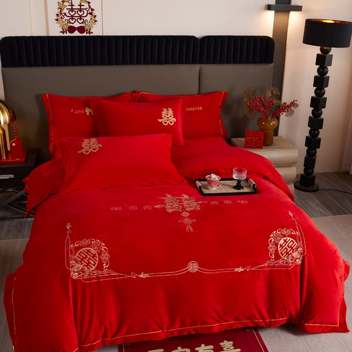 91家纺网 家纺一手货源 找家纺 青竹苑  2025新款婴儿绒刺绣婚庆四件套 家家有喜