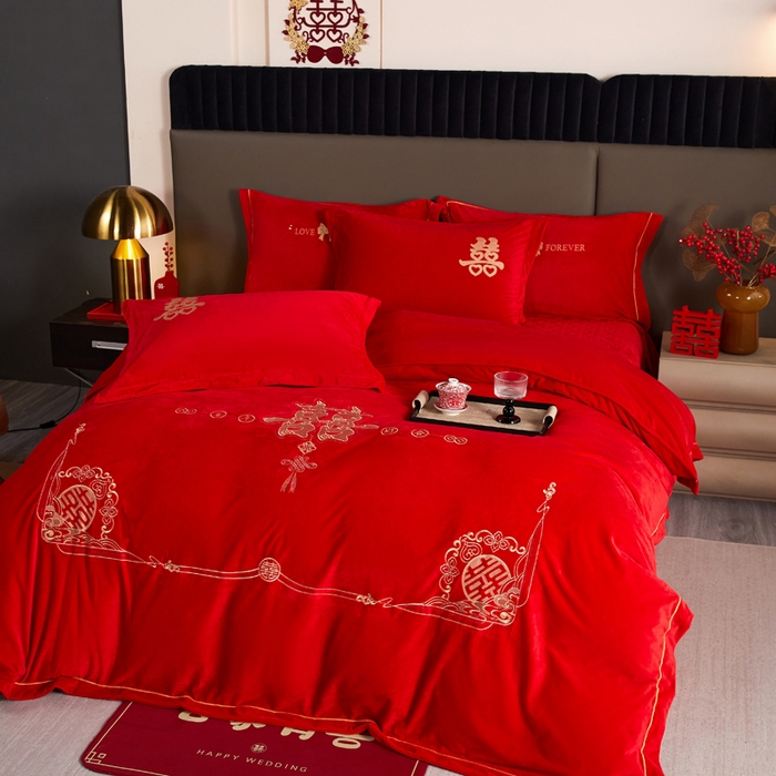 91家纺网 家纺一手货源 找家纺 青竹苑  2025新款婴儿绒刺绣婚庆四件套 家家有喜