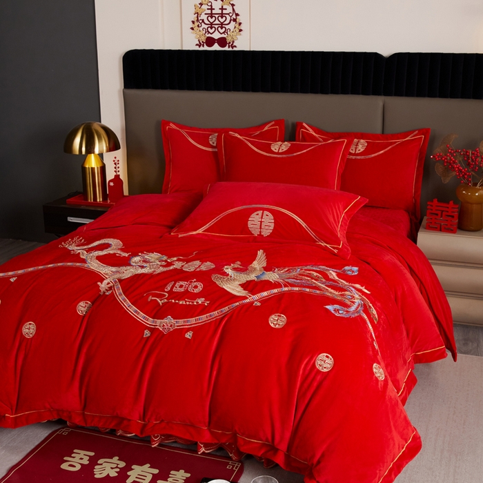 91家纺网 家纺一手货源 找家纺 青竹苑  2025新款婴儿绒刺绣婚庆四件套 龙凤蜜语