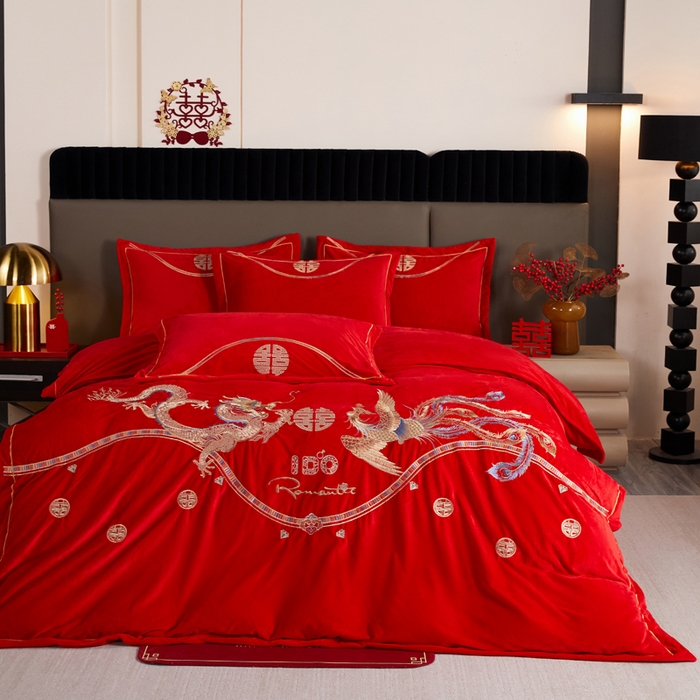 91家纺网 家纺一手货源 找家纺 青竹苑  2025新款婴儿绒刺绣婚庆四件套 龙凤蜜语