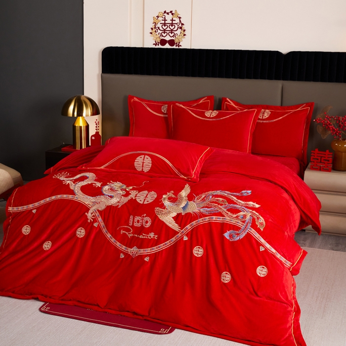 91家纺网 家纺一手货源 找家纺 青竹苑  2025新款婴儿绒刺绣婚庆四件套 龙凤蜜语