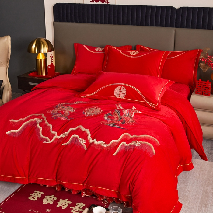 91家纺网 家纺一手货源 找家纺 青竹苑  2025新款婴儿绒刺绣婚庆四件套 龙凤情缘