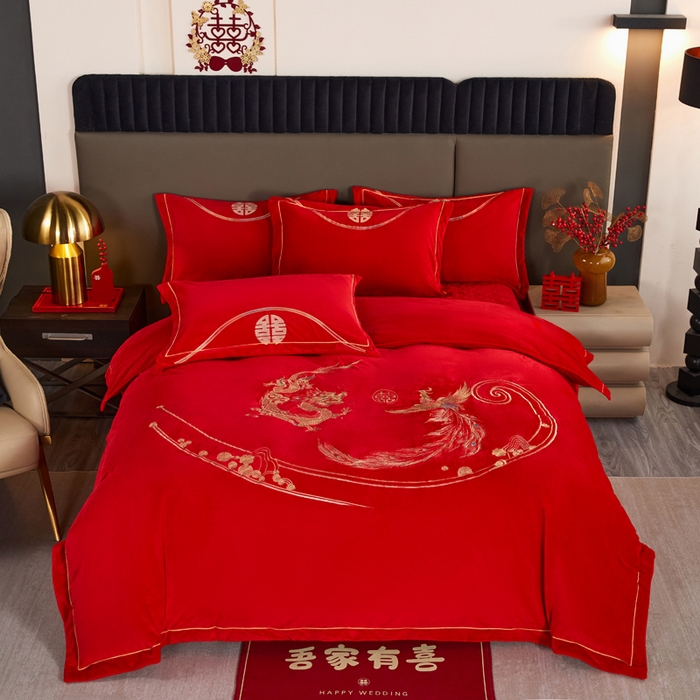 青竹苑  2025新款婴儿绒刺绣婚庆四件套 龙凤祥瑞