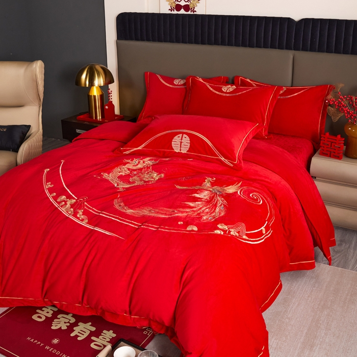 91家纺网 家纺一手货源 找家纺 青竹苑  2025新款婴儿绒刺绣婚庆四件套 龙凤祥瑞