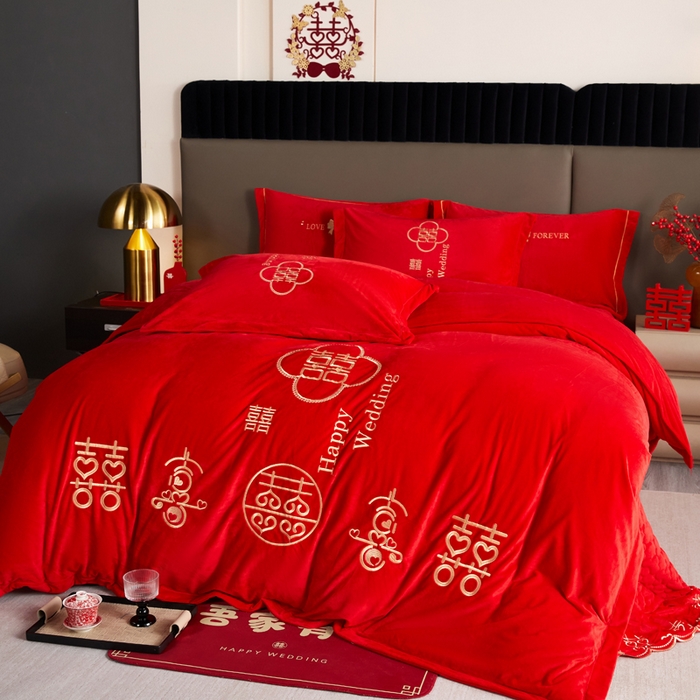 91家纺网 家纺一手货源 找家纺 青竹苑  2025新款婴儿绒刺绣婚庆四件套 喜气连连