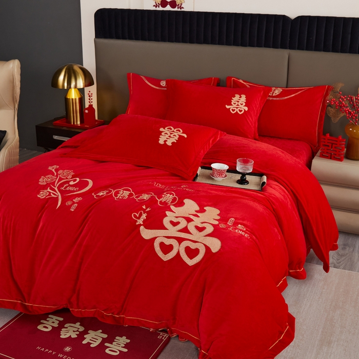 91家纺网 家纺一手货源 找家纺 青竹苑  2025新款婴儿绒刺绣婚庆四件套 幸福美满