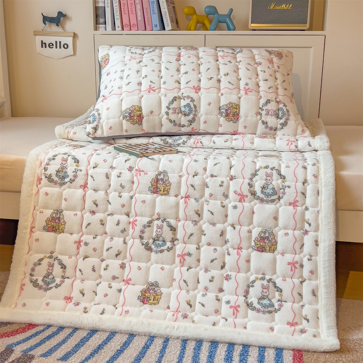 91家纺网 家纺一手货源 找家纺 丝幔家纺 2025新款牛奶绒印花床护垫学生款 秘密花园