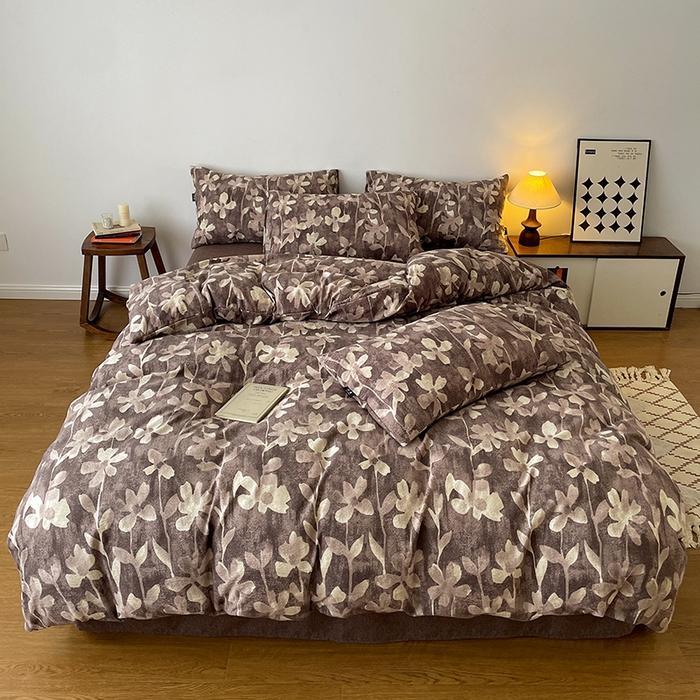 91家纺网 家纺一手货源 找家纺 一比一家纺 2025秋冬新款高克重棉麻原麻复古诧季风原麻四件套-简单款 花影棕