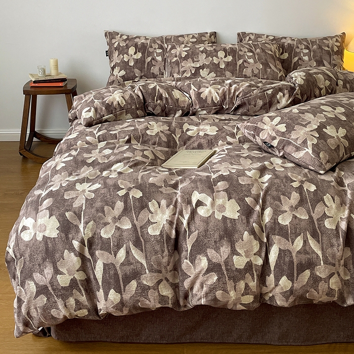 91家纺网 家纺一手货源 找家纺 一比一家纺 2025秋冬新款高克重棉麻原麻复古诧季风原麻四件套-简单款 花影棕