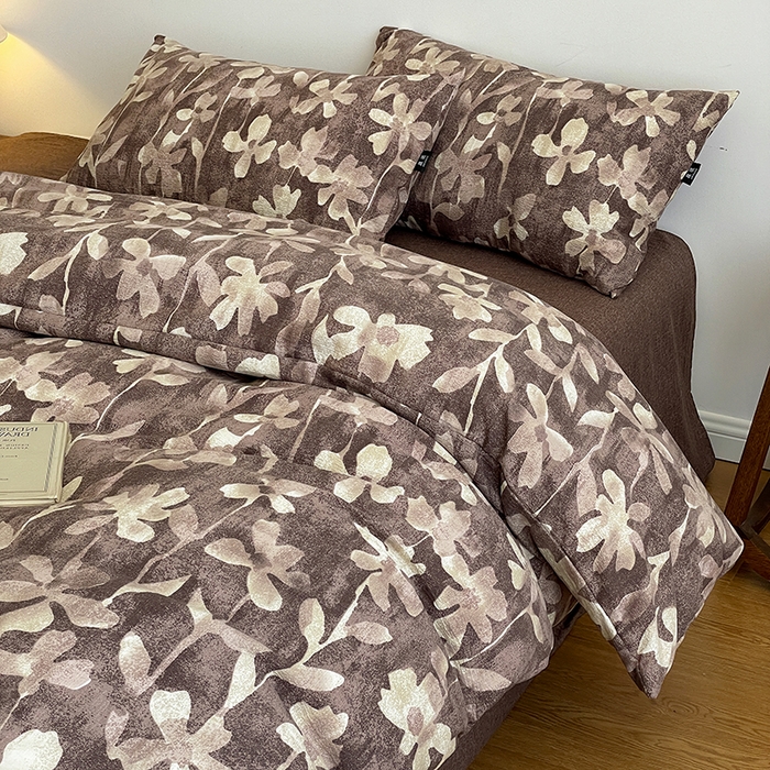 91家纺网 家纺一手货源 找家纺 一比一家纺 2025秋冬新款高克重棉麻原麻复古诧季风原麻四件套-简单款 花影棕