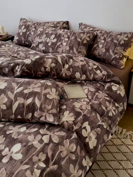 91家纺网 家纺一手货源 找家纺 一比一家纺 2025秋冬新款高克重棉麻原麻复古诧季风原麻四件套-简单款 花影棕