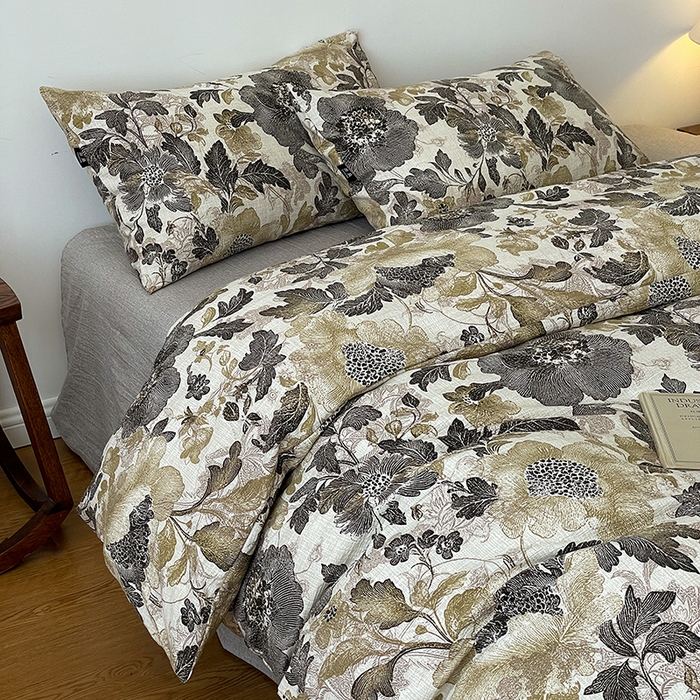 91家纺网 家纺一手货源 找家纺 一比一家纺 2025秋冬新款高克重棉麻原麻复古诧季风原麻四件套-简单款 陌上花开