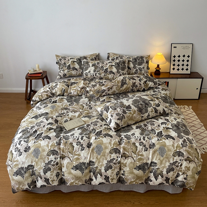 91家纺网 家纺一手货源 找家纺 一比一家纺 2025秋冬新款高克重棉麻原麻复古诧季风原麻四件套-简单款 陌上花开