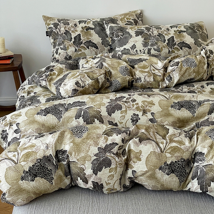 91家纺网 家纺一手货源 找家纺 一比一家纺 2025秋冬新款高克重棉麻原麻复古诧季风原麻四件套-简单款 陌上花开