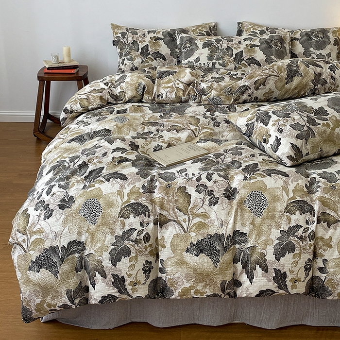 91家纺网 家纺一手货源 找家纺 一比一家纺 2025秋冬新款高克重棉麻原麻复古诧季风原麻四件套-简单款 陌上花开