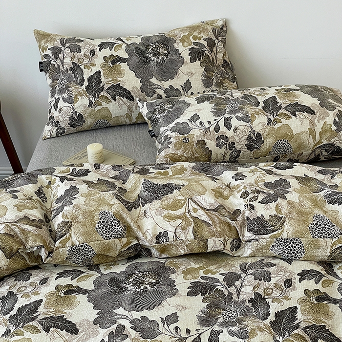 91家纺网 家纺一手货源 找家纺 一比一家纺 2025秋冬新款高克重棉麻原麻复古诧季风原麻四件套-简单款 陌上花开