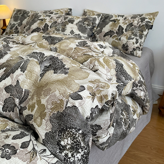 91家纺网 家纺一手货源 找家纺 一比一家纺 2025秋冬新款高克重棉麻原麻复古诧季风原麻四件套-简单款 陌上花开