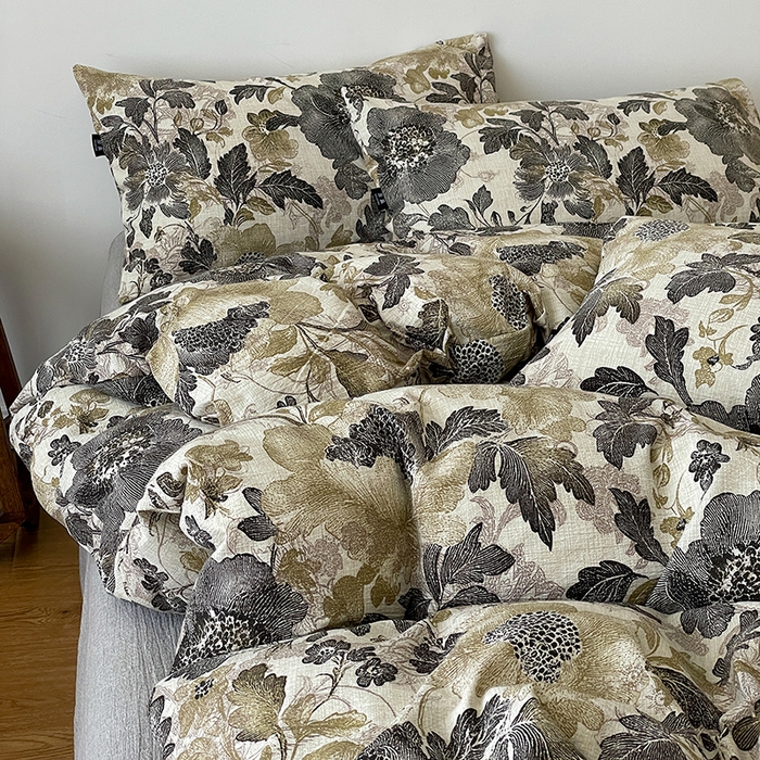 一比一家纺 2025秋冬新款高克重棉麻原麻复古诧季风原麻四件套-简单款 陌上花开