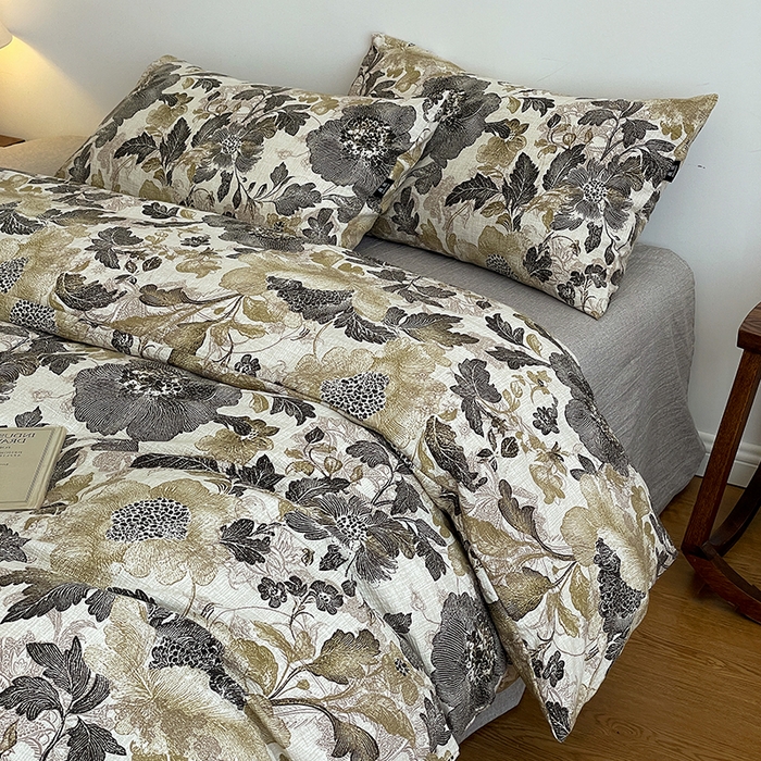 91家纺网 家纺一手货源 找家纺 一比一家纺 2025秋冬新款高克重棉麻原麻复古诧季风原麻四件套-简单款 陌上花开