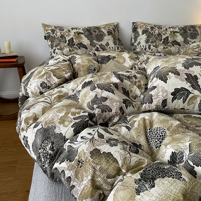 91家纺网 家纺一手货源 找家纺 一比一家纺 2025秋冬新款高克重棉麻原麻复古诧季风原麻四件套-简单款 陌上花开