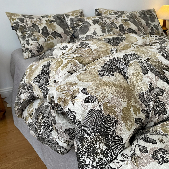 91家纺网 家纺一手货源 找家纺 一比一家纺 2025秋冬新款高克重棉麻原麻复古诧季风原麻四件套-简单款 陌上花开