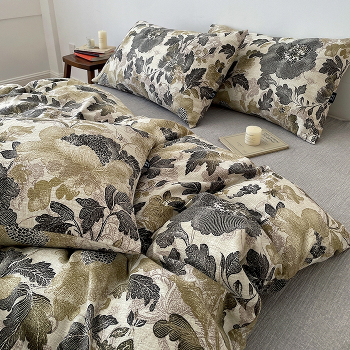 91家纺网 家纺一手货源 找家纺 一比一家纺 2025秋冬新款高克重棉麻原麻复古诧季风原麻四件套-简单款 陌上花开