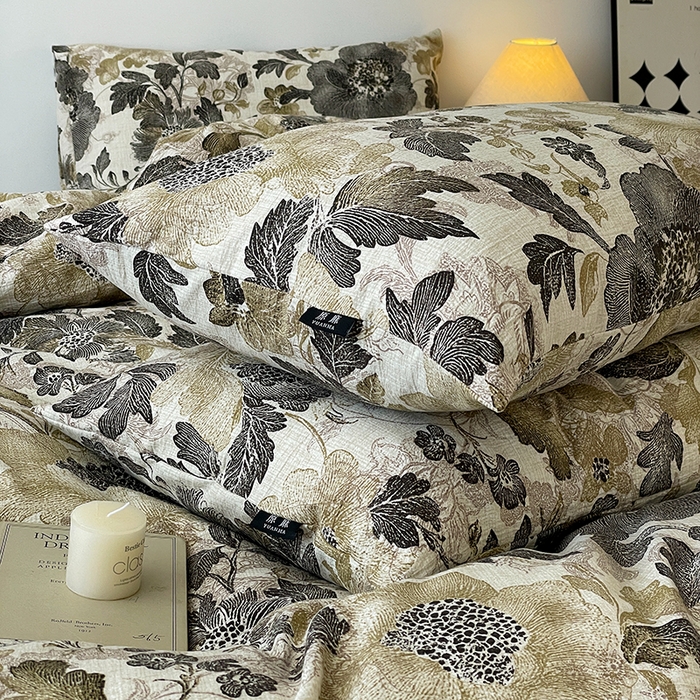 91家纺网 家纺一手货源 找家纺 一比一家纺 2025秋冬新款高克重棉麻原麻复古诧季风原麻四件套-简单款 陌上花开