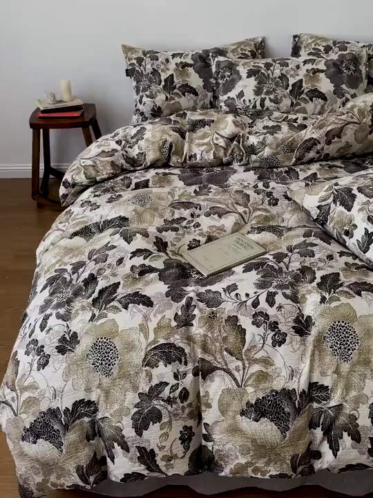 91家纺网 家纺一手货源 找家纺 一比一家纺 2025秋冬新款高克重棉麻原麻复古诧季风原麻四件套-简单款 陌上花开