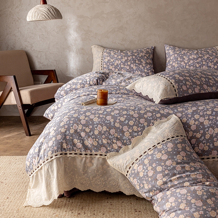 91家纺网 家纺一手货源 找家纺 芯贝儿 2025新款加厚全m花边双层纱水洗m四件套 花言