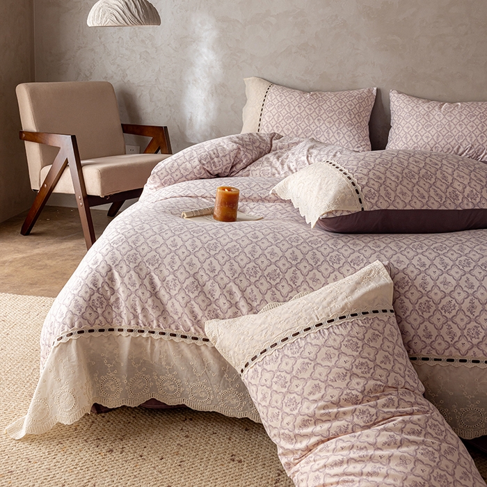 91家纺网 家纺一手货源 找家纺 芯贝儿 2025新款加厚全m花边双层纱水洗m四件套 安娜粉